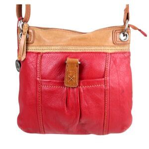 The Sak RED GENUINE LEATHER BROWN TRIM ZIP TOP X-BODY SHOULDER BAG HANDBAG PURSE